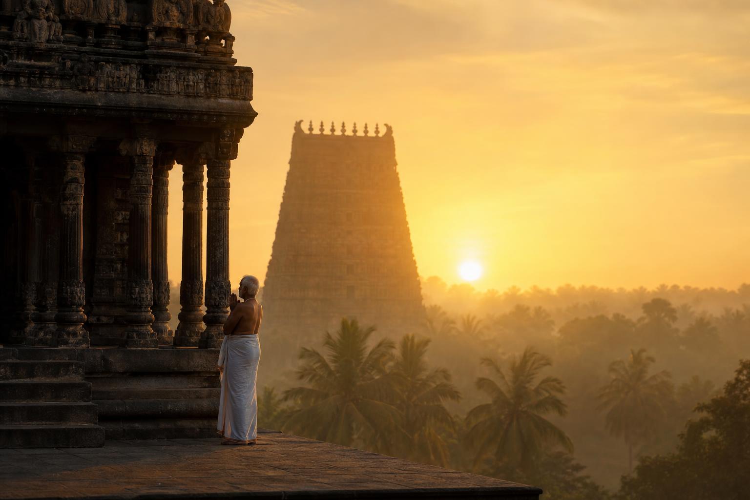 South Indian temple gopuram at golden sunrise